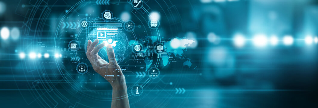 Editor hand hold digital CONTENT MANAGEMENT icon organizing global web media publishing workflow systems. Streamlined production tools for consistent brand messaging and online presence.
