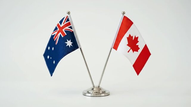Australia and Canada national flags displayed on desktop stand together