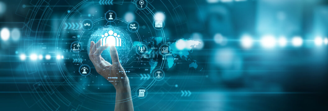Manager hand hold smart CUSTOMER RELATIONSHIP MANAGEMENT icon tracking global client interactions database growth. Efficient software tools for loyalty retention and marketing strategy.