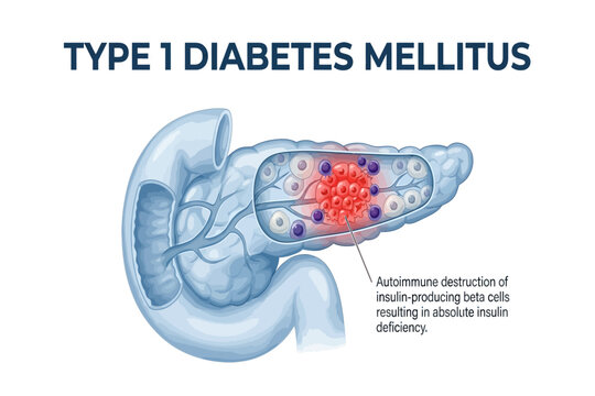 Medical illustration showing autoimmune destruction of pancreatic beta cells in Type 1 diabetes.