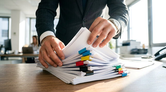 Close-up of a businessman's hands in a dark suit organizing a large stack of white documents with colorful binder clips on a wooden desk in a bright corporate office environment.