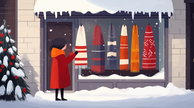 Woman in red coat shopping for winter scarves at snowy outdoor shop