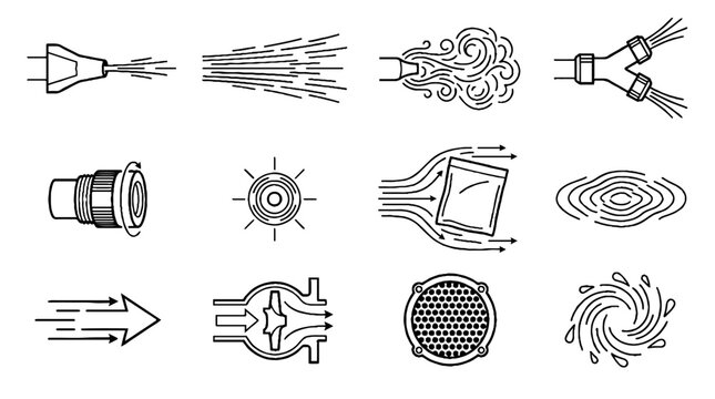 Industrial water spray and fluid dynamics line icons set for engineering and plumbing design.