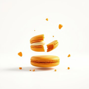 Orange macarons floating. Broken pieces scattered around whole cookie. Minimalist studio shot, soft lighting, clean background.
