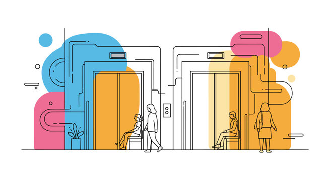 Conceptual line art illustration of several people waiting for and entering elevators in a modern office or residential building lobby.