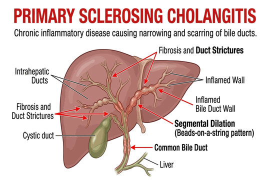 Medical illustration showing bile duct inflammation and fibrosis causing narrowing and scarring.