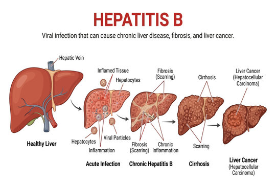 Medical diagram showing progression of Hepatitis B from acute infection to liver cancer.
