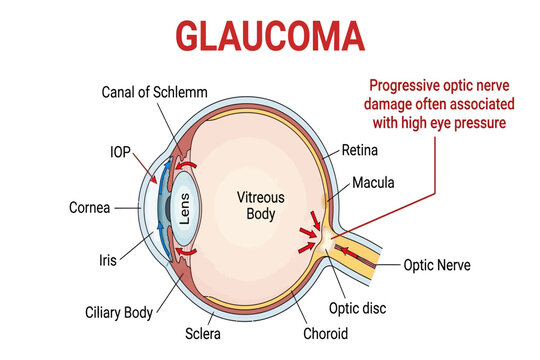 Medical illustration showing glaucoma with optic nerve damage and elevated intraocular pressure.