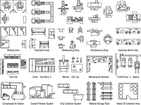 A collection of black and white technical drawings and schematics illustrating various industrial machinery, workshops, and facility layouts.