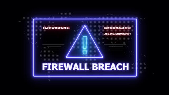 Neon Blue Rectangular Frame Displaying a Glowing Triangle and the Words Firewall Breach with Digital Data and a Faint World Map Overlay on a Dark Background