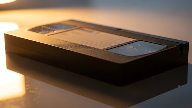Vintage VHS tape on a reflective surface with warm lighting.