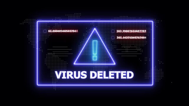 A neon blue rectangular frame contains the text VIRUSDELETED in bold white letters, with a central glowing blue triangle and digital data readouts on a dark background with a faint