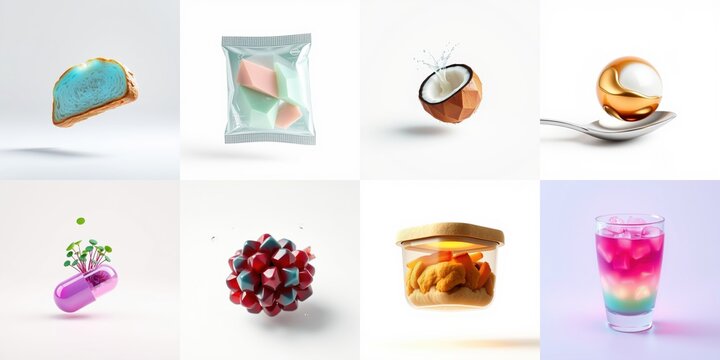 Geometric food items presented. Bright colors, polygonal shapes, minimalist style. Clean backgrounds, studio lighting, modern aesthetic.