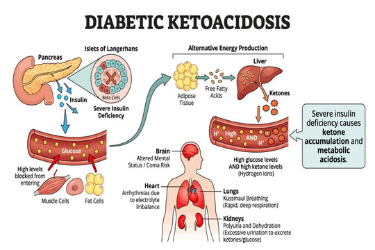 Medical illustration showing diabetic ketoacidosis process and organ effects due to insulin deficiency.