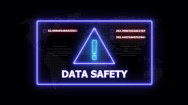 Neon blue rectangle frame displaying the words DATASAFETY with a glowing triangle inside and digital data points on a dark world map background with glowing dots and numerical data