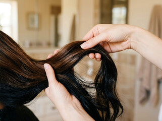 Naklejka premium Hands touching long dark brown wavy hair in soft light image
