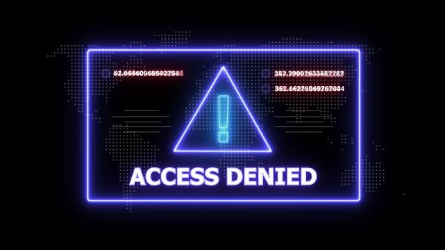 Neon blue rectangle frame displaying the words ACESDENIED with a glowing triangle inside and digital data points on a dark world map background with glowing dots and numerical data