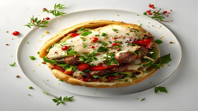 Fresh pita bread sandwich with grilled meatballs melted cheese fresh herbs and tomatoes on white plate for menu design