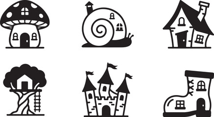Whimsical fantasy houses and creatures illustration set Vector © mahafuza