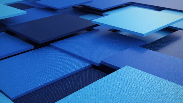 Blue Geometric Panels Moving in Shimmering Assembly Line