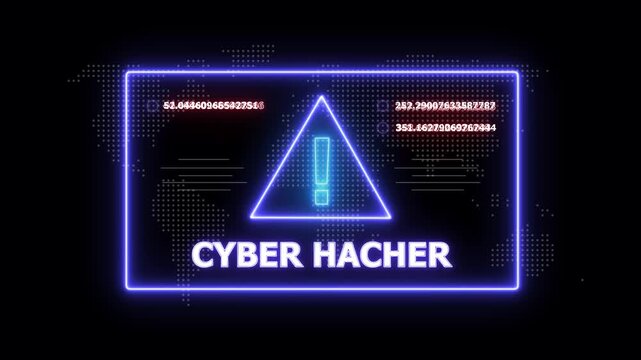 Neon blue rectangle frame displaying the words CYBERHACHER with a glowing triangle inside and digital data points on a dark world map background with glowing dots and numerical data