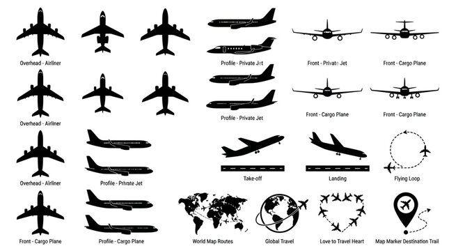 Airplane and travel vector silhouettes