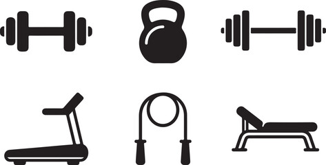 Flat set of six gym equipment icons including weights, kettlebell, bench, and jump rope Vector © mahafuza