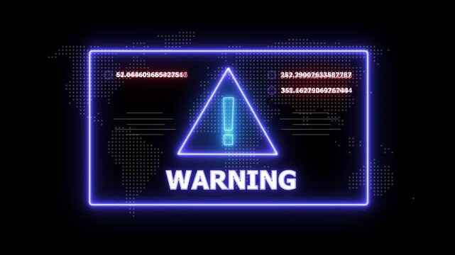 Neon Blue Rectangular Frame Displaying a Glowing Triangle and the Words Warning with Digital Data and a Faint World Map Overlay on a Dark Background
