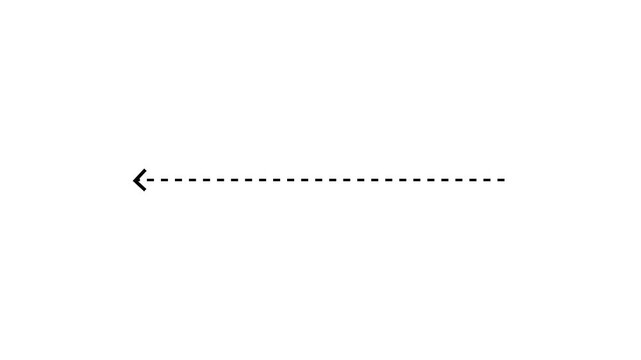 A dashed black arrow pointing to the left, centered horizontally on a stark white background, serving as a clear visual cue for direction, return, or backward movement in a minimalist graphic