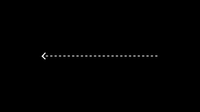 A dashed white arrow pointing to the left, positioned horizontally across a solid black background, symbolizing direction, movement, or a navigational cue in a stark and graphic presentation