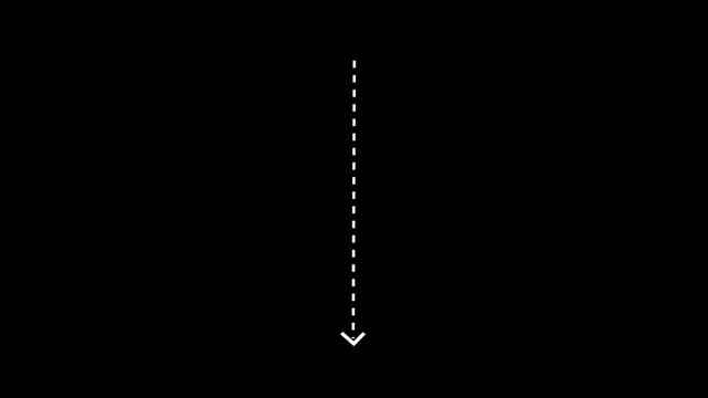A dashed white arrow pointing downwards, oriented vertically on a pure black background, signifying direction, descent, or a downward movement in a stark, minimalist graphic representation