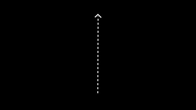 A stark white dashed vertical line with a small upward pointing arrow at its top edge set against a completely black background, symbolizing direction or progress Keywords: arrow, upward