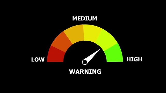 A semicircular gauge with a needle indicating a medium level of WARNING, with color segments from red to green and labels for low and high on a black background