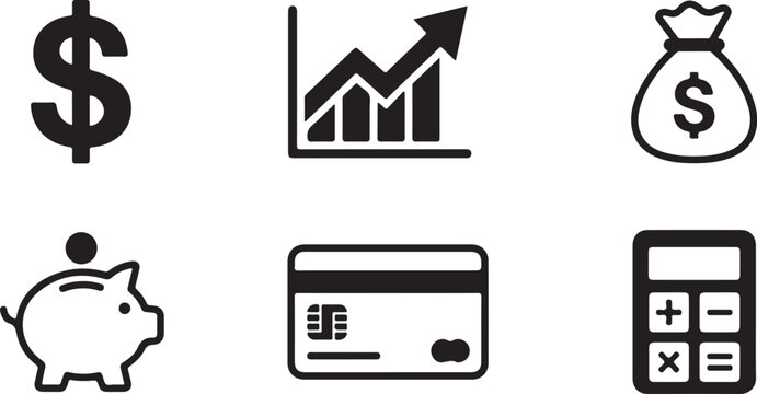 Set of six financial icons including money, growth, savings and calculator Vector