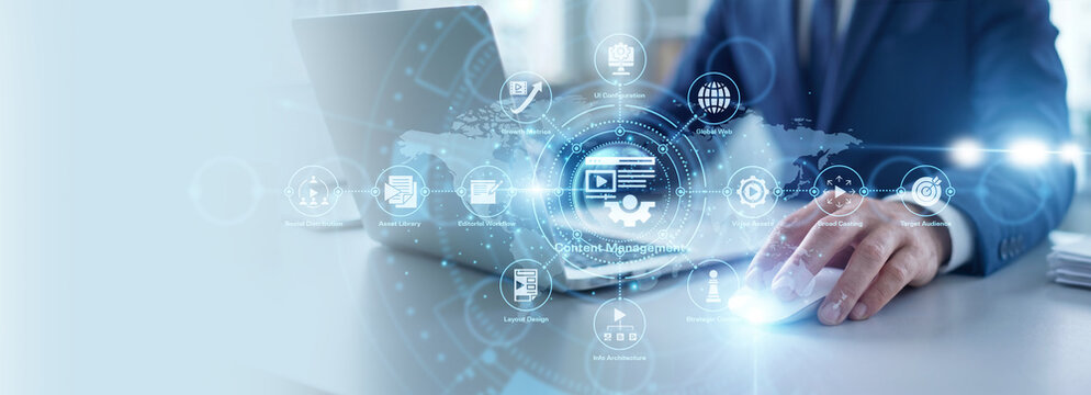 Digital editor working on laptop, content management system and website updates. Organizing digital assets and publishing articles. Effective online media strategy and metadata optimization.