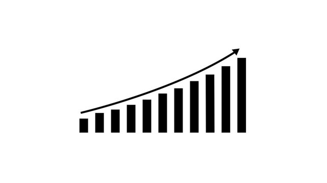 A black and white minimalist graphic representation of a bar chart with an upward trending arrow indicating growth and progress on a clean white background