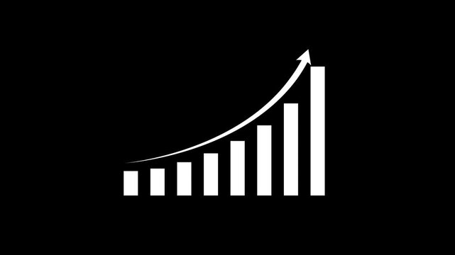 A white minimalist graphic representation of a bar chart with an upward trending arrow indicating growth and progress on a solid black background