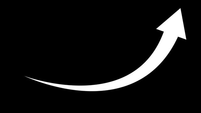 A white curved arrow pointing upwards and to the right, originating from the bottom left and sweeping across a solid black background, symbolizing direction and progress