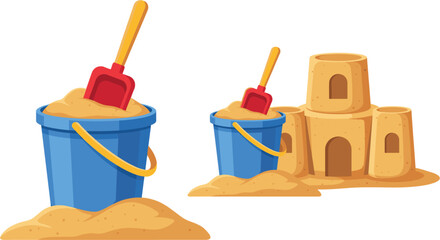 Beach sand castle with blue bucket and red shovel vector illustration set isolated on white background, summer holiday toys cartoon icons for children graphic design elements. © Rukhsana