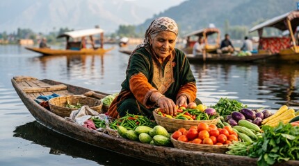 Obraz premium Woman sells fresh vegetables on wooden boat at floating market in India with calm water and mountains in background