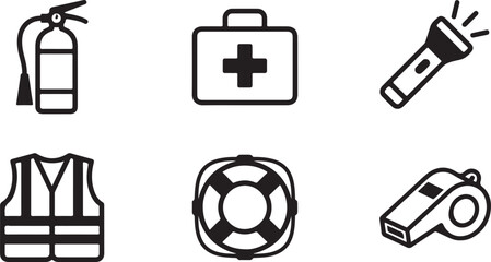 Set of six safety and emergency icons in black and white Vector © mahafuza