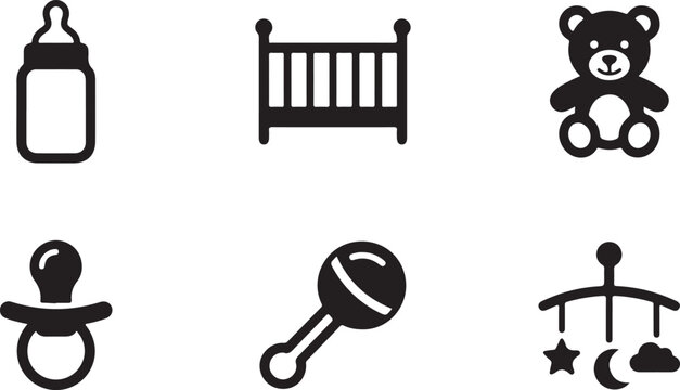 Flat icons set of baby nursery items including bottle, crib, teddy bear, pacifier, rattle, and mobile Vector