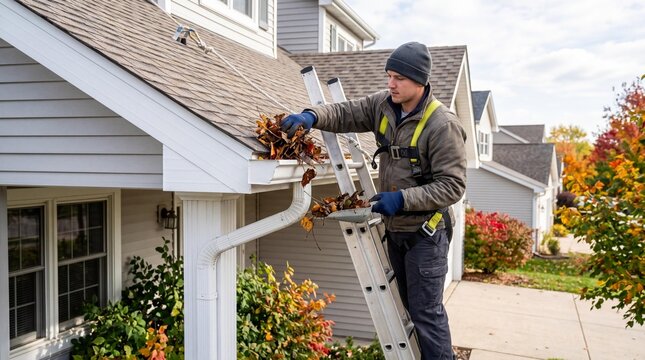 Professional man cleaning gutters on a residential house during autumn