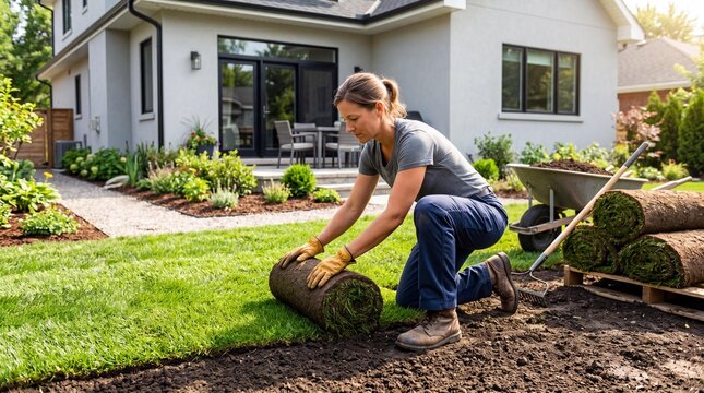 Female landscaper installing fresh green sod turf roll in backyard garden