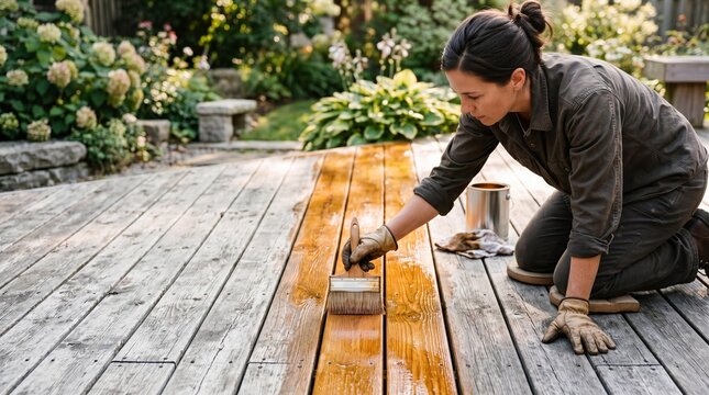 Woman staining a wooden deck with protective sealer during patio restoration