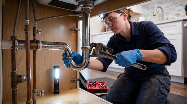 Professional female plumber fixing a leaking drain pipe under a kitchen sink.