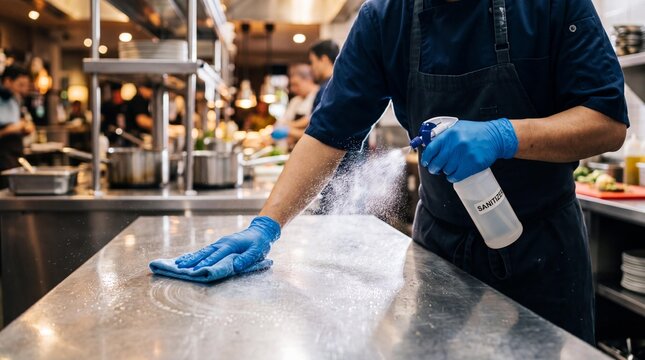 Chef in blue gloves sanitizing and wiping a stainless steel kitchen counter