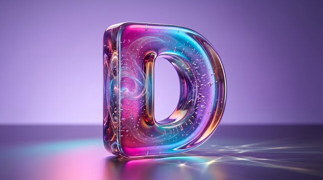 ネオンカラーに輝くガラス製のアルファベットDの3D素材