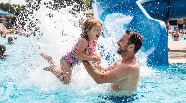 Happy father catching his little daughter splashing in a sunny outdoor pool