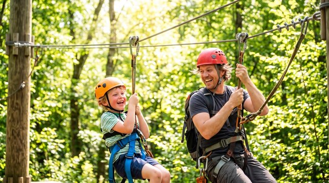 Happy father and son riding a zip line during an outdoor forest adventure.